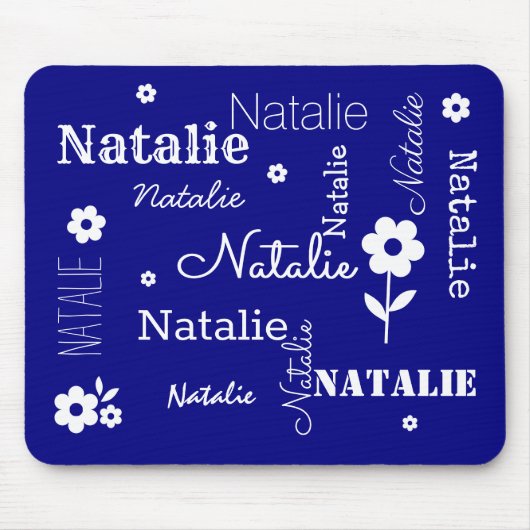 Navy Blue met witte bloemen, Gepersonaliseerd Muis Muismat (Voorkant)