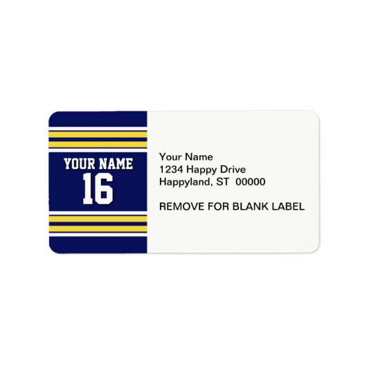 Navy Blue met Yellow White Stripes Team Jersey Etiket (Voorkant)