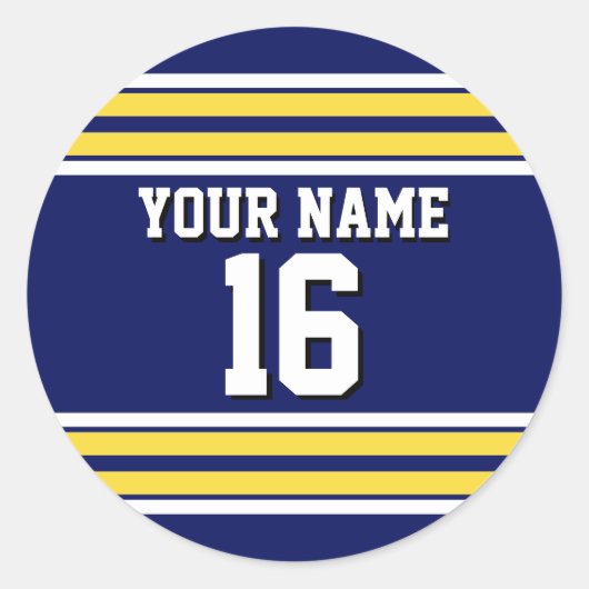 Navy Blue met Yellow White Stripes Team Jersey Ronde Sticker (Voorkant)