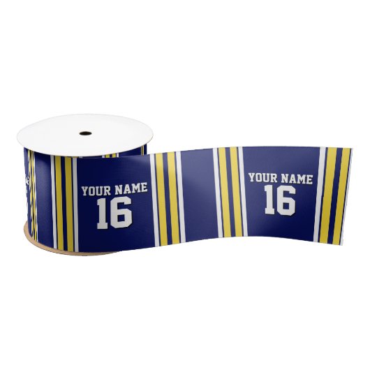 Navy Blue met Yellow White Stripes Team Jersey Satijnen Lint (Spoel)