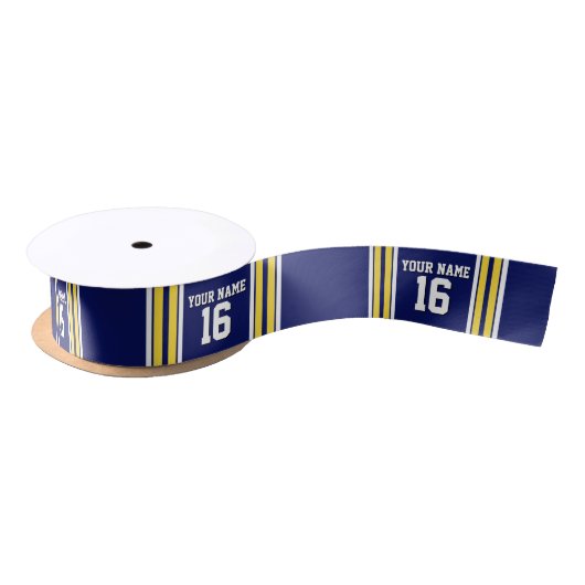 Navy Blue met Yellow White Stripes Team Jersey Satijnen Lint (Spoel)
