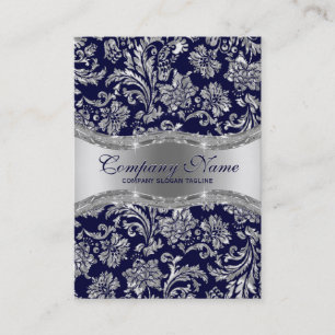 Navy Blue & Metallic Silver Damasks Visitekaartje