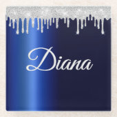 Navy Blue Metallic Silver Sparkle gepersonaliseerd Glazen Onderzetter (Voorkant)