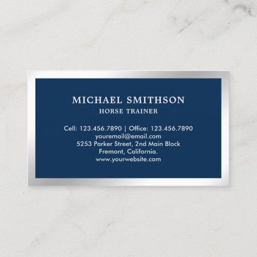 Navy Blue Metallic Steel Horse Riding Instructor Visitekaartje (Achterkant)