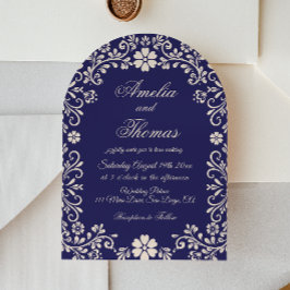 Navy Blue Mexican Floral Wedding Invitation Kaart