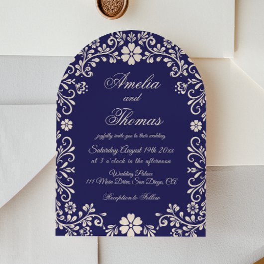 Navy Blue Mexican Floral Wedding Invitation Kaart