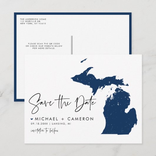 Navy Blue Michigan Kaart QR Code Bewaar de datum (Voorkant / Achterkant)
