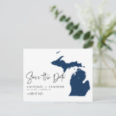 Navy Blue Michigan Kaart QR Code Bewaar de datum (Staand voorkant)