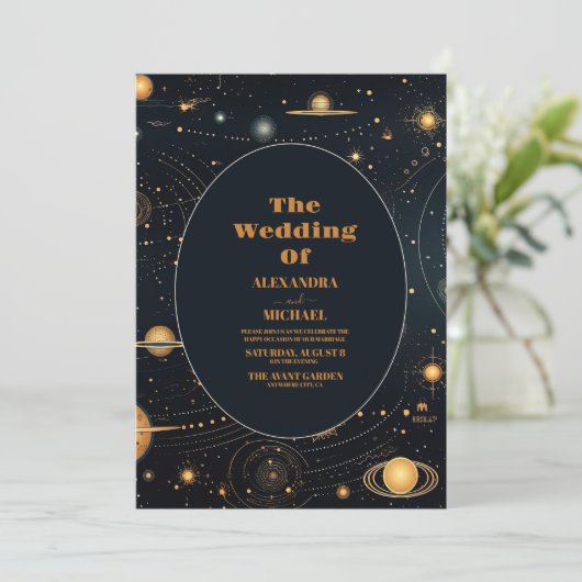 Navy Blue Mid Summer Night Dream Celestial Weddens Kaart (Staand voorkant)