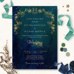 Navy Blue Mid Summer Night Dream Celestial Weddens Kaart<br><div class="desc">Verfijn uw gasten met deze elegante en unieke hemelse huwelijksuitnodiging met prachtige blauwe, marineuze, groene en blauwgroen hemelse achtergrond met dainty sterren en delicate, afgegilde botanische tuinen in gouden tinten. Mogelijkheid om alle tekstsecties aan te passen en aan te passen aan uw behoeften. Gemakkelijk om sjabloon in te vullen. Magisch...</div>