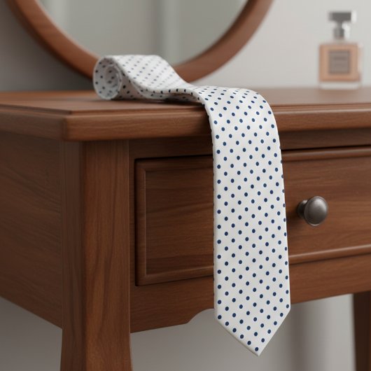 Navy Blue Mini Polka Dot Pattern on White  Stropdas