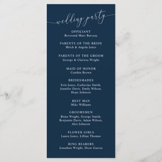 Navy Blue Minimal Wedding Ceremony Program Programmakaart (Achterkant)