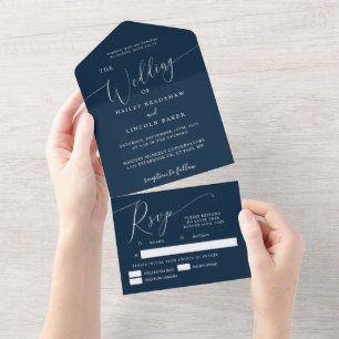 Navy Blue Minimal Wedding Elegant Script All In One Uitnodiging