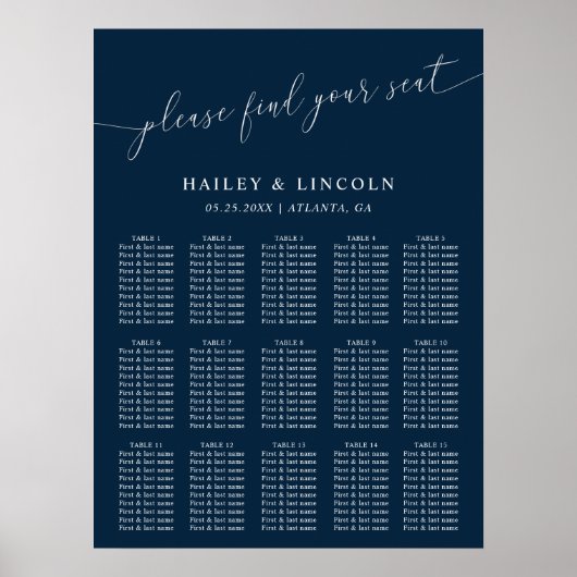 Navy Blue Minimal Wedding Seating Chart Poster (Voorkant)