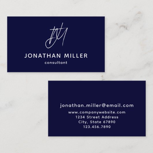 Navy Blue-minimalismonogram Visitekaartje (Voorkant / Achterkant)