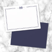 Navy Blue Minimalist 2 Border Monogram Notitiekaartje