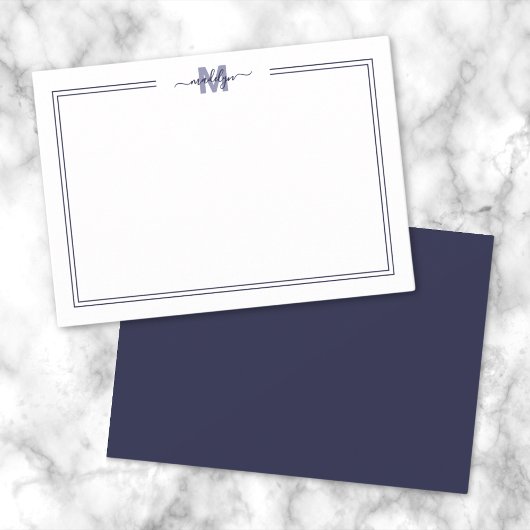 Navy Blue Minimalist 2 Border Monogram Notitiekaartje