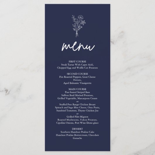 Navy Blue Minimalist Botanicals Terracotta Wedding Menu (Voorkant)