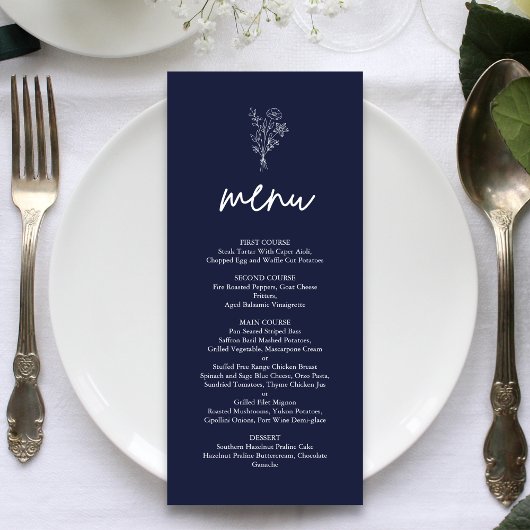 Navy Blue Minimalist Botanicals Terracotta Wedding Menu