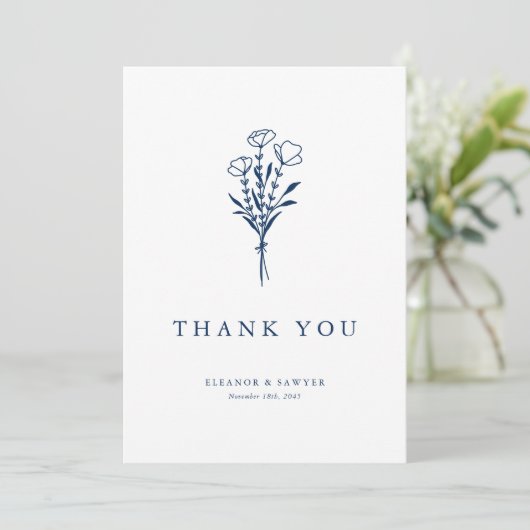 Navy Blue Minimalist Botanicals Wedding Bedankkaart (Staand voorkant)