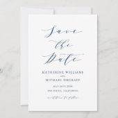 Navy Blue Minimalist Dainty Script Save The Date (Voorkant)