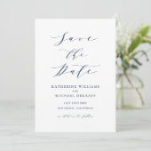 Navy Blue Minimalist Dainty Script Save The Date (Staand voorkant)