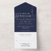 Navy Blue Minimalist Elegant Monogram Huwelijk All In One Uitnodiging (Binnen)