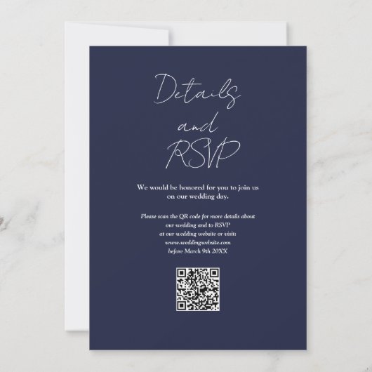 Navy Blue Minimalist Elegant QR Code Wedding Kaart (Achterkant)