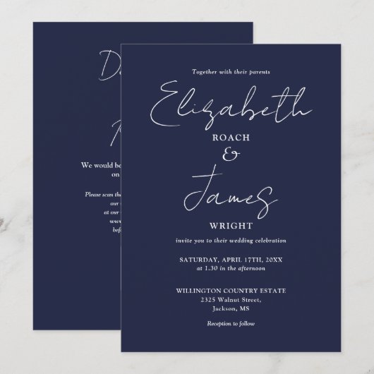 Navy Blue Minimalist Elegant QR Code Wedding Kaart (Voorkant / Achterkant)