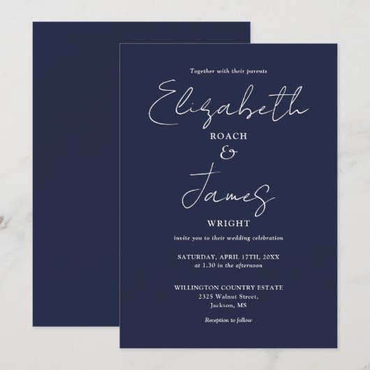 Navy Blue Minimalist Elegant Script Wedding Kaart (Voorkant / Achterkant)