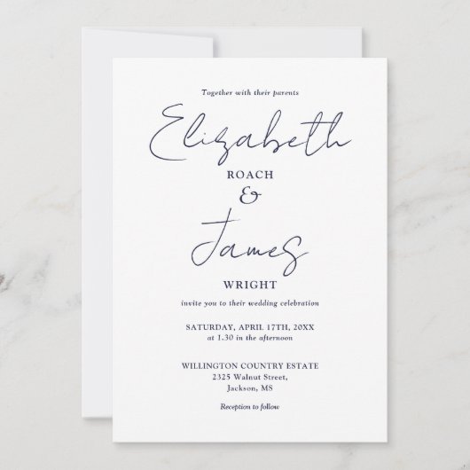 Navy Blue Minimalist Elegant Script Wedding Kaart (Voorkant)