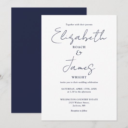 Navy Blue Minimalist Elegant Script Wedding Kaart (Voorkant / Achterkant)