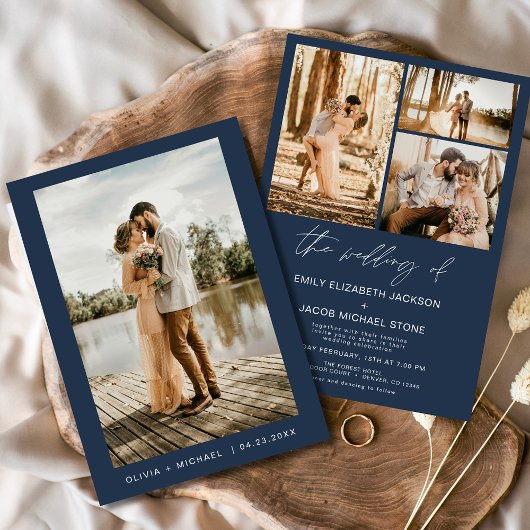 Navy Blue Minimalist Elegante Fotobruiloft Kaart