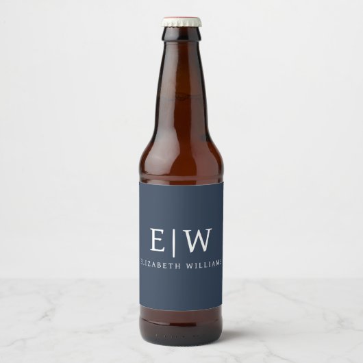 Navy Blue Minimalist Modern Monogram Elegant Bier Etiket (Voorkant)