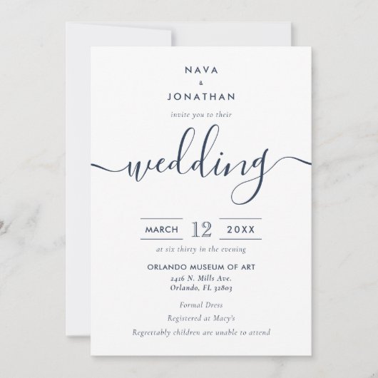 Navy Blue Minimalist Modern Script Wedding Kaart (Voorkant)