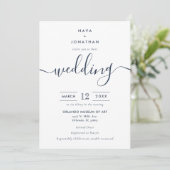Navy Blue Minimalist Modern Script Wedding Kaart (Staand voorkant)