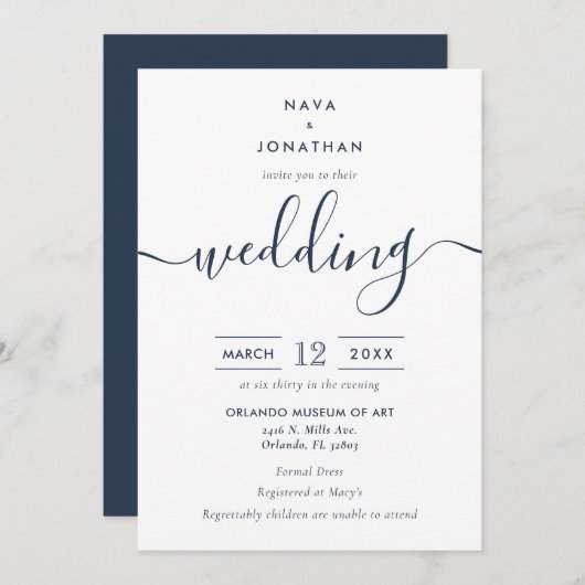 Navy Blue Minimalist Modern Script Wedding Kaart (Voorkant / Achterkant)