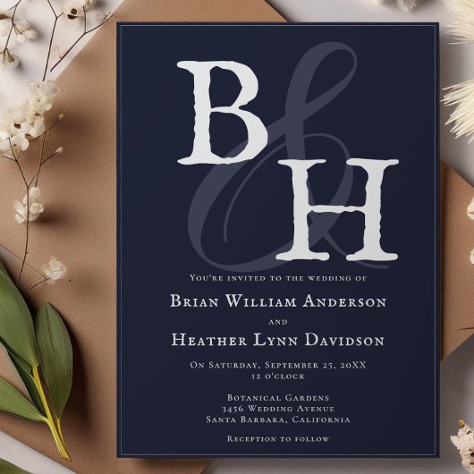 Navy Blue Minimalist Monogram Huwelijk Kaart