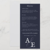 Navy Blue Minimalist Monogram Huwelijk Menu (Voorkant / Achterkant)