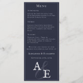 Navy Blue Minimalist Monogram Huwelijk Menu (Voorkant)