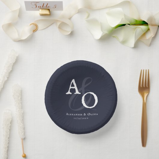 Navy Blue Minimalist Monogram Huwelijk Papieren Kommen (Huwelijk)