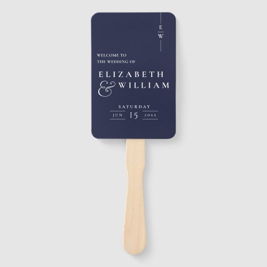 Navy Blue Minimalist Monogram Huwelijksprogramma Handwaaier (Voorkant)