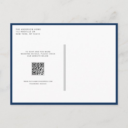Navy Blue Minimalist Monogram QR Code Wedding Uitnodiging Briefkaart (Achterkant)