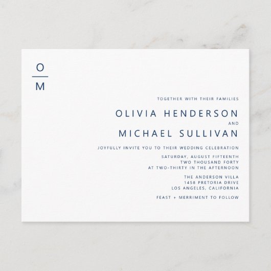 Navy Blue Minimalist Monogram QR Code Wedding Uitnodiging Briefkaart (Voorkant)