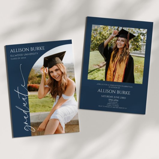 Navy Blue Minimalist Photo Arch Afstudeerfeest Kaart