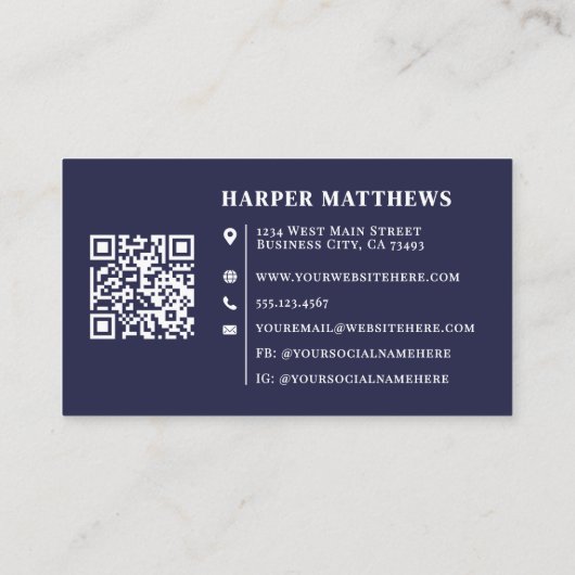 Navy Blue Minimalist Professional Logo QR Code Visitekaartje (Achterkant)
