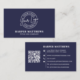 Navy Blue Minimalist Professional Logo QR Code Visitekaartje