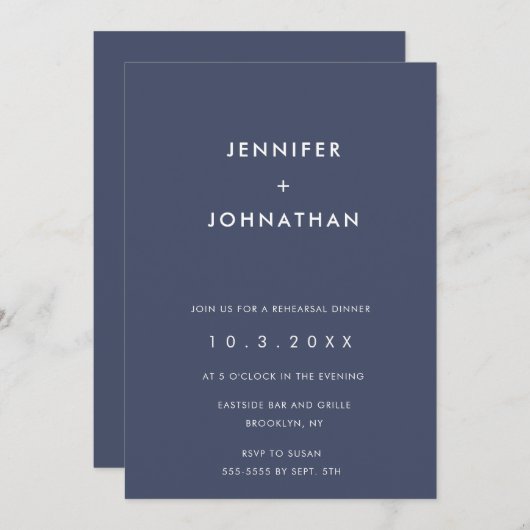 Navy Blue Minimalist Rehearings Dinner Invitation Kaart (Voorkant / Achterkant)