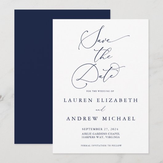 Navy Blue Minimalist Save the Date Invitation Kaart (Voorkant / Achterkant)
