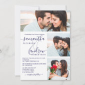 Navy blue minimalist script 3 foto's bruiloft kaart (Voorkant)